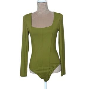 EUC House of Harlow 1960 Corset Seams  Long Sleeve Thong Bodysuit In Chartreuse